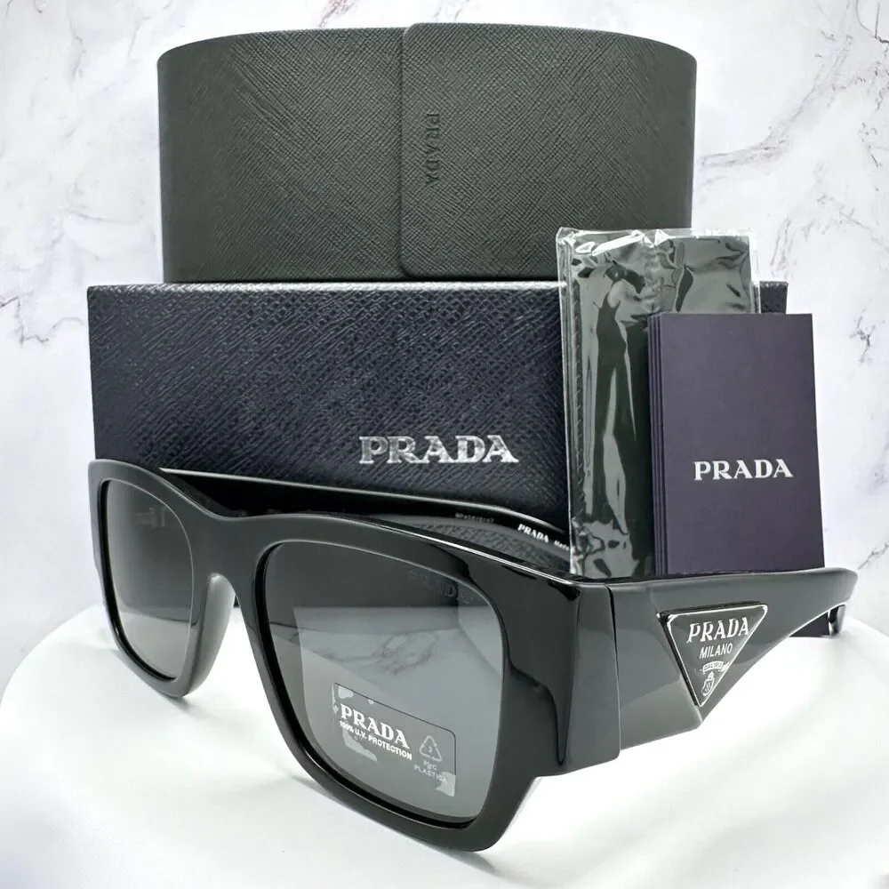 New Prada Sunglasses Black Square Oversized Triangle Plaque Logo Authentic
